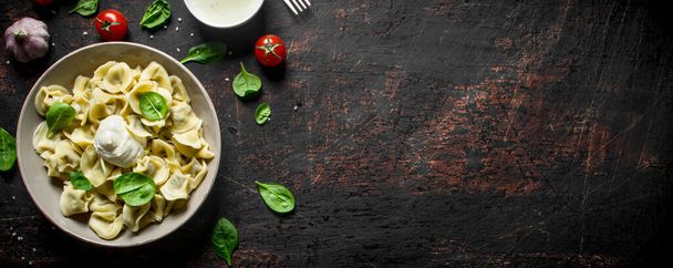 Dumplings with meat, tomatoes and spinach. On dark rustic background - 写真・画像