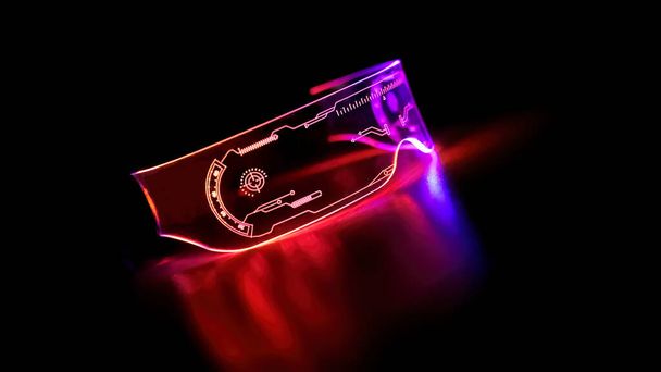 Left view of eyeware goggles colorful neon light, futuristic digital innovation concept, glow in dark background, cyber device, game head set, object, LED - Fotó, kép