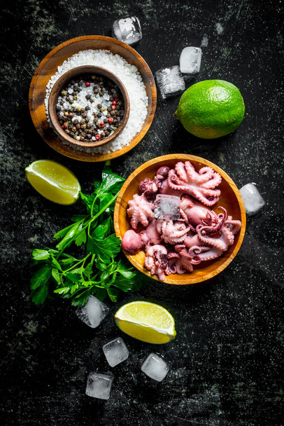 Baby octopus with ice pieces, spices and lime. On dark rustic background - Фото, изображение