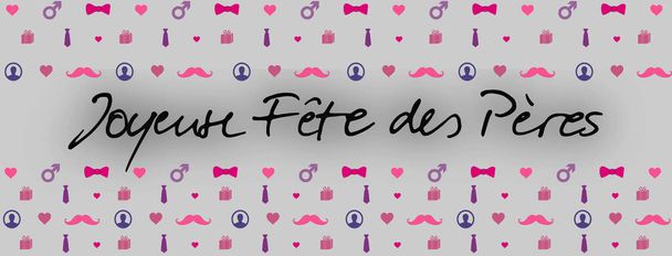 Szürke kártya apák napjára sok rózsaszín, mályva és lila szimbólummal (szív, bajusz, nyakkendő, csokornyakkendő, ajándékcsomag...) francia nyelven "Boldog apák napját" felirattal - Fotó, kép