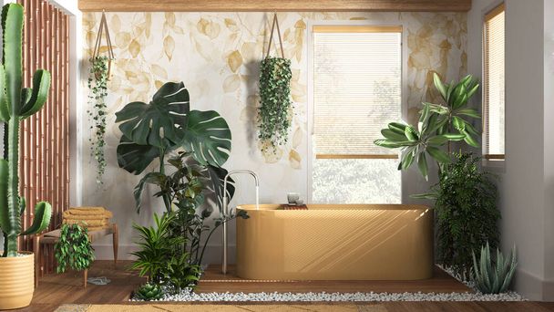 Modernes Holzbad in weißen und gelben Tönen mit freistehender Badewanne. Biophiles Konzept, viele Zimmerpflanzen. Urbane Dschungel-Innenarchitektur - Foto, Bild