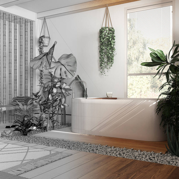 Концепция дизайнера интерьеров: черновой проект ручной работы, который становится реальным, биофилия, деревянная ванная комната со многими комнатными растениями. Идея городских джунглей - Фото, изображение