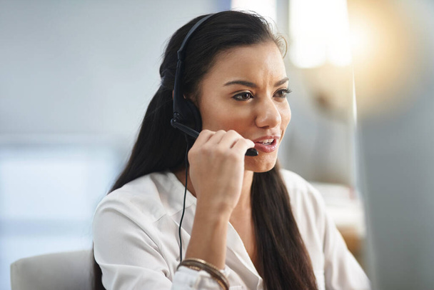 Contact us, mic or happy woman in call center consulting, speaking or talking at customer services. Virtual assistant, girl or female sales consultant in telemarketing or telecom company help desk. - Photo, Image