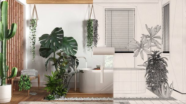 Paint roller painting interior design blueprint sketch background while the space becomes real showing bathroom with houseplants. Before and after concept, urban jungle design - Photo, Image