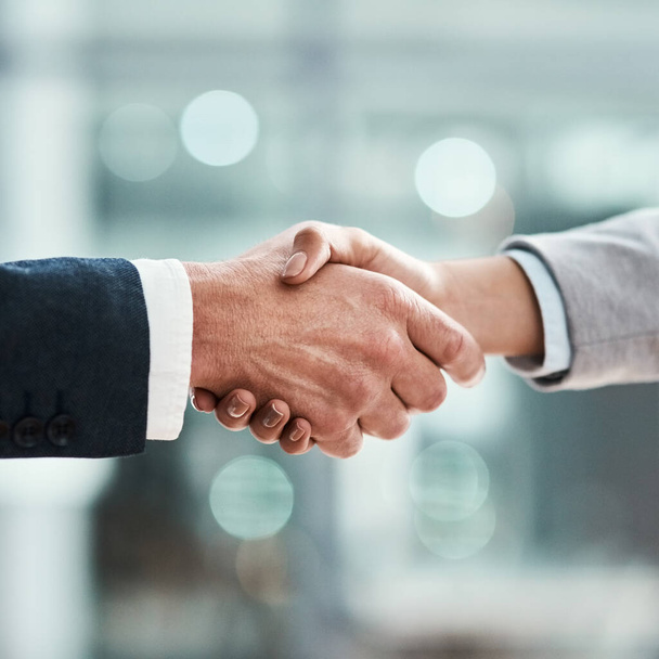 Business people, handshake and corporate meeting, welcome and introduction or lawyer agreement and success. Professional man, partner or clients shaking hands in thank you, interview or legal deal. - Foto, Imagen
