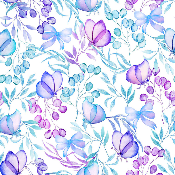 Transparent watercolor butterflies and leaves seamless pattern. Endless background in delicate colors. Hand drawn print for clothes and wallpapers. - Foto, Imagem