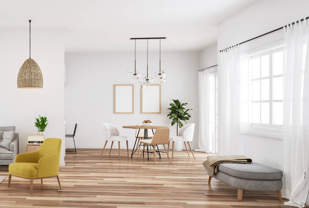 Modern style white living and dining room 3d render The room has a parquet floor decorated with light gray fabric furniture and translucent white curtains, natural light comes through the room. - Фото, изображение