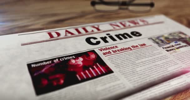 Εγκληματολογική έρευνα και δικαιοσύνη καθημερινή εφημερίδα στο τραπέζι. Τίτλοι ειδήσεων αφηρημένη έννοια 3d.  - Πλάνα, βίντεο
