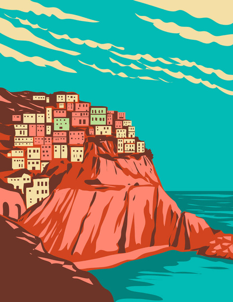 Arte del cartel de WPA de Manarola en Cinque Terre dentro de Liguria al oeste de la provincia de La Spezia en el noroeste de Italia y el Parque Nacional Cinque Terre hecho en la administración de proyectos de obras o estilo Art Deco. - Vector, Imagen
