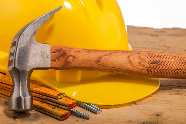 Yellow helmet, hammer and mounting tools - Φωτογραφία, εικόνα