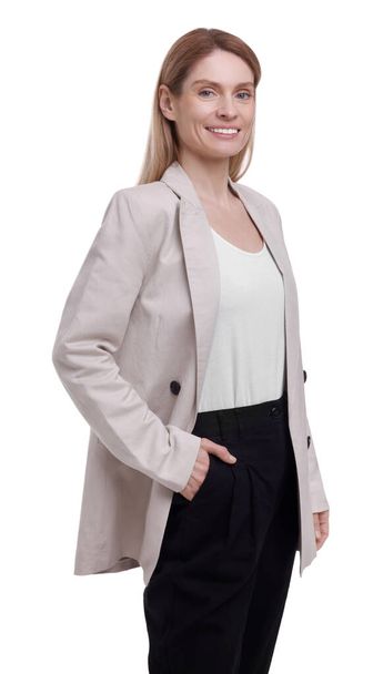 Portrait of beautiful happy businesswoman on white background - Φωτογραφία, εικόνα