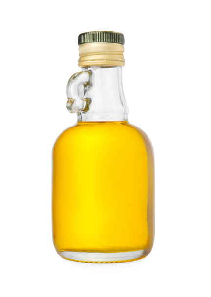 Glass bottle of cooking oil isolated on white - Photo, image