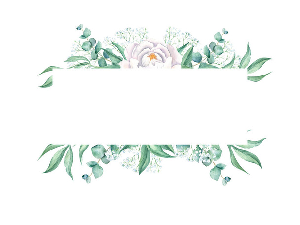 Aquarel horizontaal frame, witte pioen, eucalyptus en gips takken. Handgetekende botanische illustratie geïsoleerd op witte achtergrond. Kan gebruikt worden voor bruiloft, wenskaarten, baby shower - Foto, afbeelding