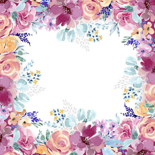 cadre avec délicat rose fleurs aquarelle illustration, peint à la main. - Photo, image