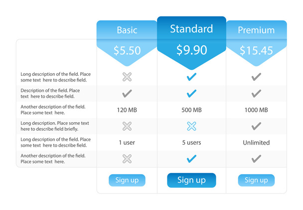 Mesa de precios ligera con 3 opciones y un plan recomendado
 - Vector, Imagen