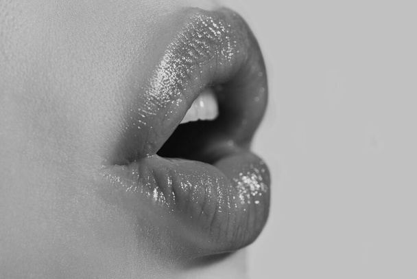Passion and sensuality lips. Sensual girl sucking - Fotoğraf, Görsel