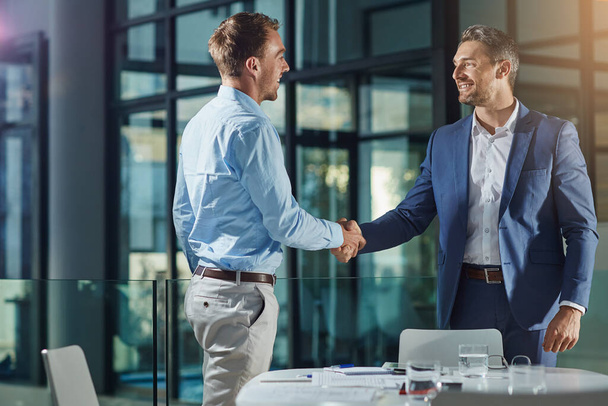 Handshake, business people and meeting success or recruitment, employment and hiring in office. Corporate, men and executive shaking hands with new employee or collaboration on deal or partnership. - Photo, Image
