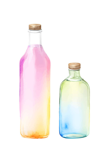 watercolor Glass bottle colorful pink and rainbow glass. Kids print for design. Vector illustration - Vector, Imagen