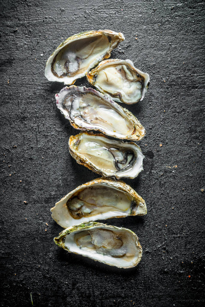 Opened raw oysters. On black rustic background - Фото, зображення