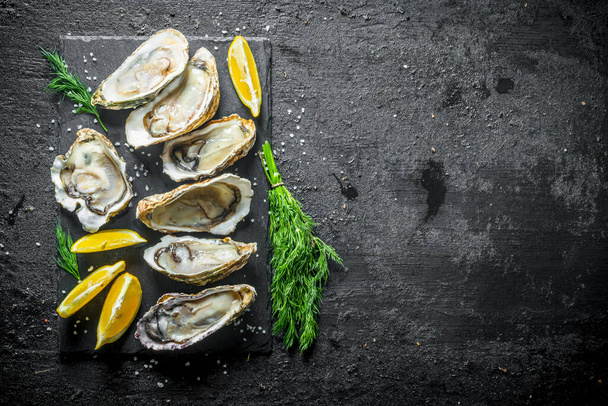 Delicious raw oysters with dill and lemon. On black rustic background - Fotó, kép