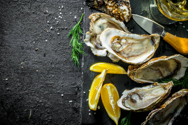 Seafood. Delicious raw oysters with dill and lemon. On black rustic background - Foto, immagini