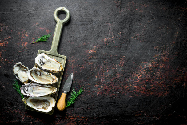 Seafood. Raw Opened oysters on a cutting Board. On dark rustic background - 写真・画像