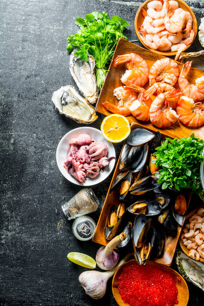 Assortment of different seafood with garlic, herbs and spices. On dark rustic background - Photo, image