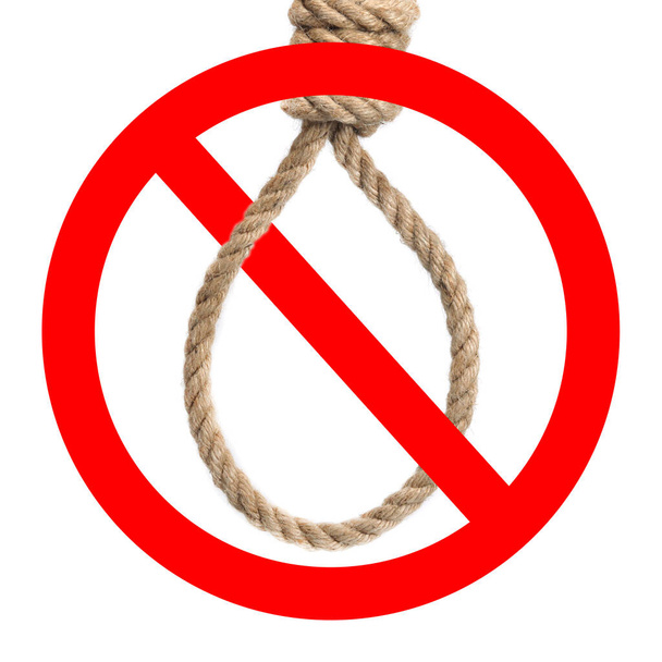 soga linchamiento cuerda tachado por franja roja, señal de prohibición de suicidio, concepto de ayuda psicológica, apoyo - Foto, imagen