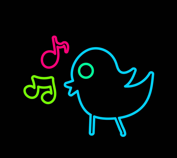 Melodia di canto di uccello luminoso disegnato a mano dichiarativa con pennarelli luminosi al neon su sfondo nero scuro. Icona di partito per progetto di carta o invito. vettore illuminato disegnato a mano Doodle su nero - Vettoriali, immagini