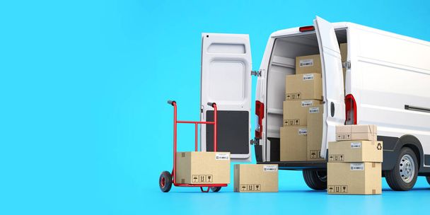 Snelle espress levering concept. Achteraanzicht van bestelwagen met kartonnen dozen op blauwe achtergrond. 3d illustratie - Foto, afbeelding