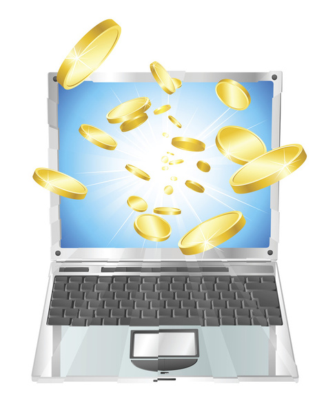 Gold coins flying out of laptop computer - Vector, afbeelding