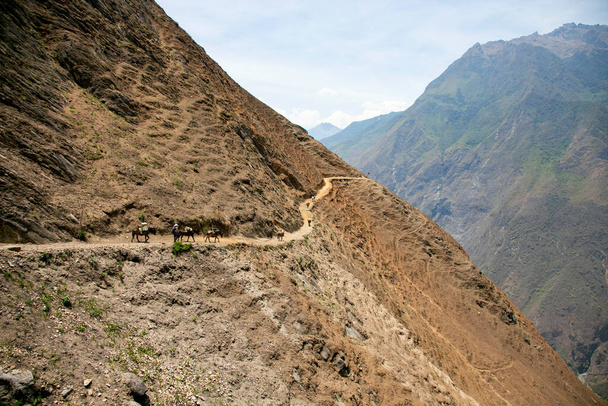 Vaellus läpi Apurmac kanjoni raunioille Choquequirao, Inca arkeologinen sivusto Perussa, samanlainen rakenteeltaan Machu Picchu - Valokuva, kuva