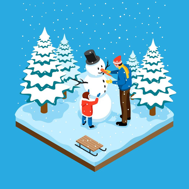 Babası ve çocuğuyla birlikte Spruce Forest vektör illüstrasyonunda kardan adam heykeli yaparken kışın izometrik arka plan. - Vektör, Görsel
