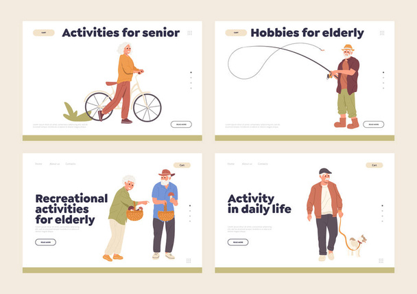 Набор шаблонов оформления целевой страницы с хобби и развлечениями на выходных для пожилых пенсионеров. Плоский мультфильм о счастливых стариках и женщинах, проводящих интересное время на пенсии - Вектор,изображение