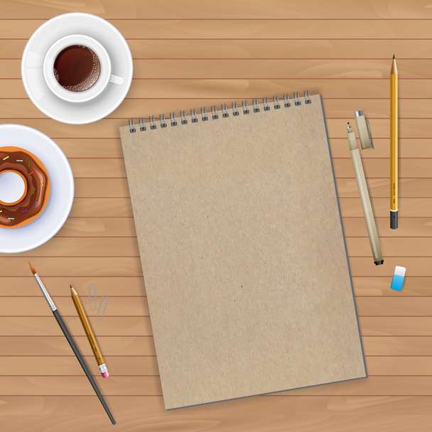 Espaço de trabalho com notebook e café
 - Vetor, Imagem
