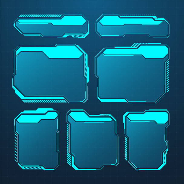 Blue futuristic HUD or UI elements. Sci-fi user interface text boxes, callouts. Warning message frames, information boxes template. Modern game interface layout in digital style. Vector illustration. - Vector, Image