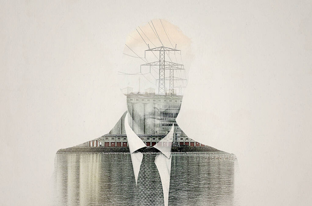 Industry man, double exposure and engineering for electricity with sustainability, water and vision. Businessman, thinking and holographic overlay with development, hydroelectric energy and ideas. - Fotoğraf, Görsel