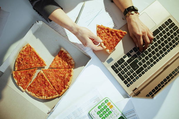 Sustainable workplace. Upper view of business woman in green office with pizza and laptop. - Fotoğraf, Görsel