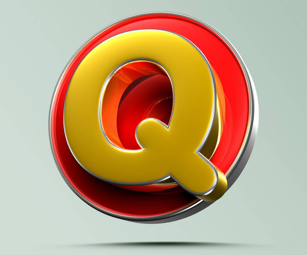 Litera Q złoty żółty w czerwonym kole Ilustracja 3D na jasnoszarym tle mają ścieżkę pracy. Znaki reklamowe. Projekt produktu. Sprzedaż produktów. Kod produktu. - Zdjęcie, obraz