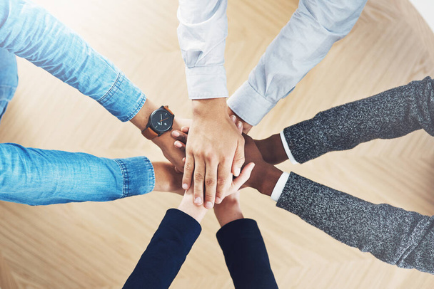Plan, mission or hands of business people in support for faith, teamwork or partnership in office. Diversity or above of employees in group collaboration with hope or strategy for goals together. - Foto, imagen