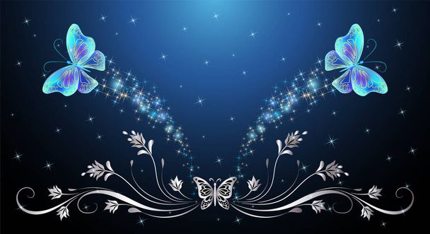 Fairytale night sky with magical blue transparent butterflies and floral ornament and stars. Fantasy sparkle background. - Вектор, зображення