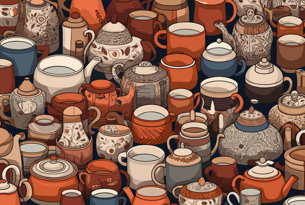 A set of oriental teapots and cups on a dark background. For your design. - Вектор,изображение
