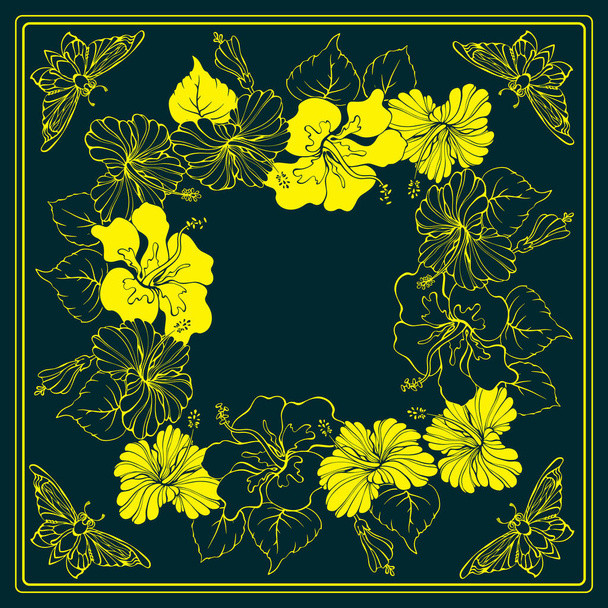 Botanical square pattern with hibiscus and butterflies. Hand-drawn silhouettes of insects and tropical flowers. The yellow line on dark blue. The Scarf pattern design. Bandana. Vector illustration. - Vektor, kép