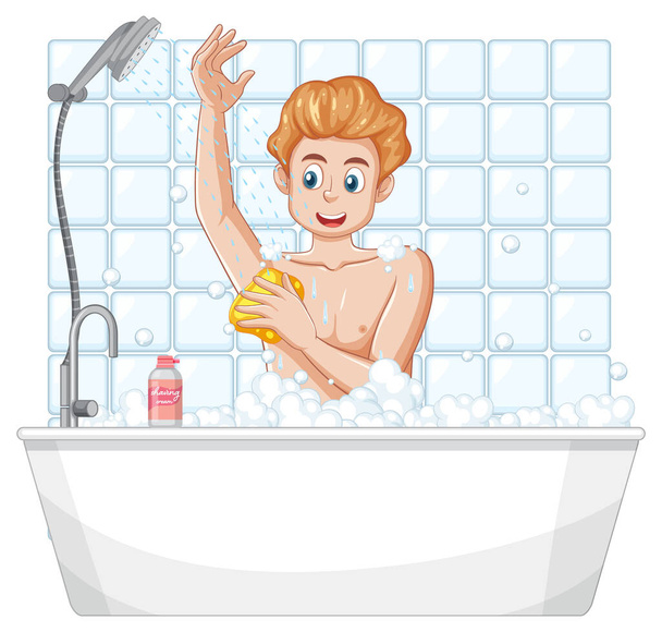 Un adolescente masculino tomando una ilustración de baño - Vector, imagen