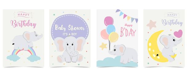 Baby elephant design with cloud, rainbow, moon for birthday postcard - Vecteur, image