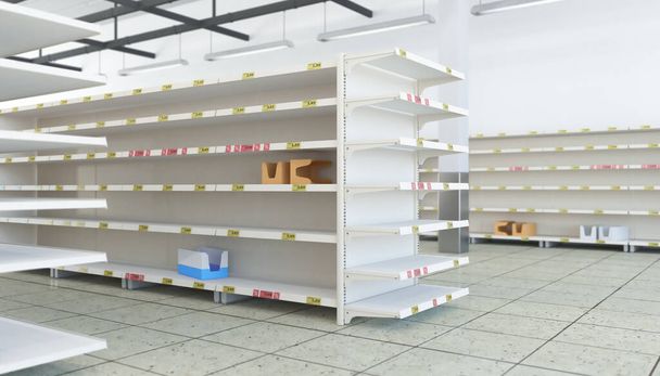 3D-Darstellung eines Supermarktes mit leeren Gängen und Regalen. - Foto, Bild