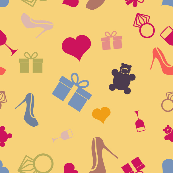 March 8 characters. Seamless pattern. Heart, ring, shoes, gift - Vektori, kuva