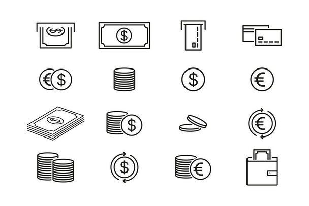 Sada ikon peněz. Kolekce ikon představujících různé aspekty peněz, včetně symbolů měny, mincí, bankovek, prasátek, peněženky, rozpočtování. - Vektor, obrázek