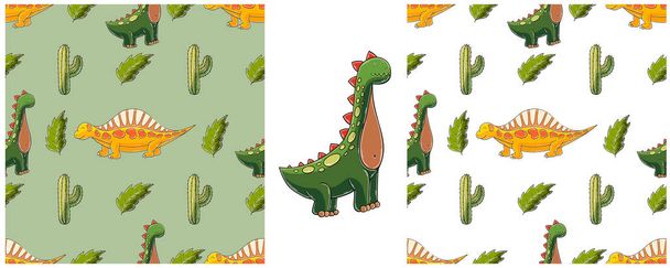Dinosaurios del período Jurásico. Dibujado a mano Set dinosaurios patrón sin costura. Impresión para el diseño de tela, textil, tela, papel pintado, papel de envolver - Vector, imagen