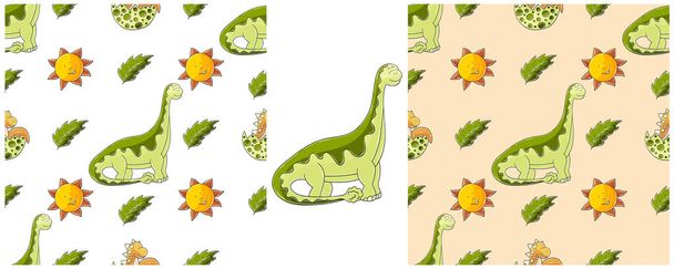 Dibujado a mano Set dinosaurios patrón sin costura. Dinosaurios del período Jurásico. Impresión para el diseño de tela, textil, tela, papel pintado, papel de envolver - Vector, imagen